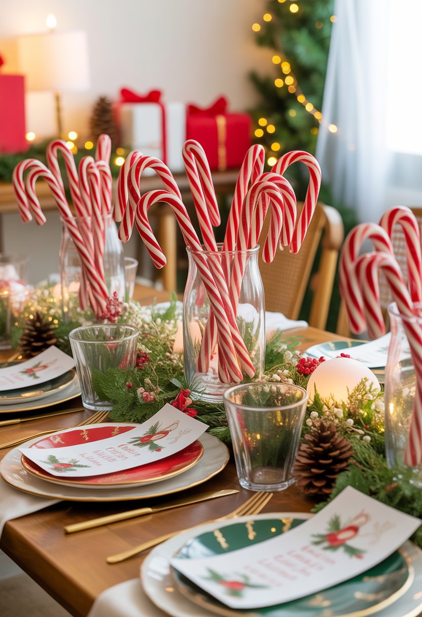 A festive baby shower table decorated with candy cane centerpieces, holiday-themed place settings, greenery, and Christmas decorations.